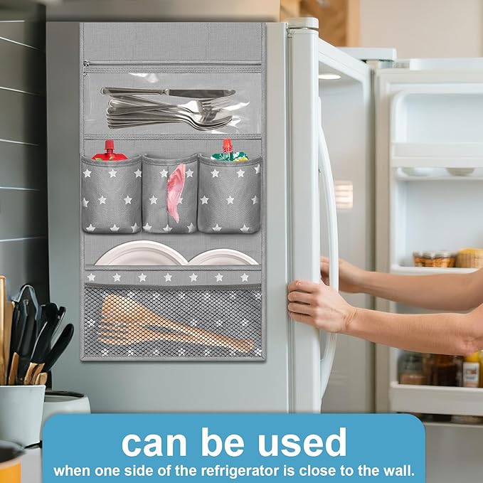 Dorm Room Essentials Mini Fridge Organizer, Hanging Over Fridge Storage Organizer, College Caddy with 14 Pocket for Office, Kitchen, Home, School (Grey)
