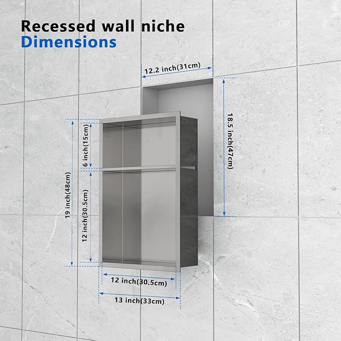 QAOYEDE Shower Niche Insert No Tile Needed, 18"x12" Stainless Steel Niche for Shower Wall, Recessed Shelf for Bathroom Storage 2 Layer,Brushed Nickel