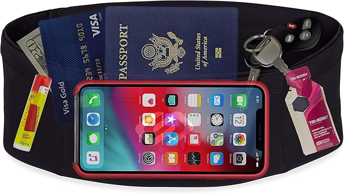 Sporteer VersaSlim Running Belt - Low-Profile Workout Waist Pack for Gym & HIIT - Zero-Bounce Minimalist Phone Holder for Activewear - Nylon Spandex Blend (Black, X-Large)