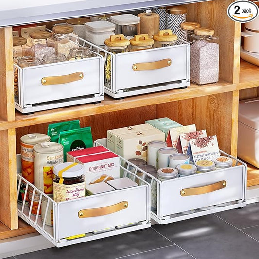 Pull out Cabinet Organizer Fixed with Adhesive Nano Film,Heavy Duty Slide out Pantry Shelves Drawer Storage,Sliding Mesh Basket with Handle for Kitchen, Bathroom,Home, 11.8W"X 15.7D"X6.2"H(2PCS)
