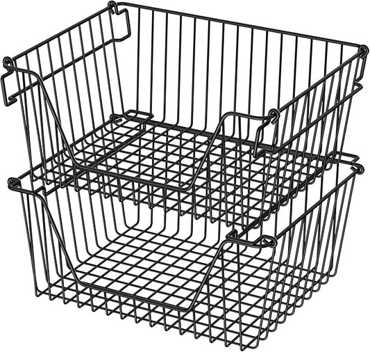 Stackable Wire Metal Baskets Sturdy Cabinet Organizer Wire Pantry Freezer Bin with Handle for Home Bathroom Kitchen Fruit Vegetable Organization, Black, 2Packs