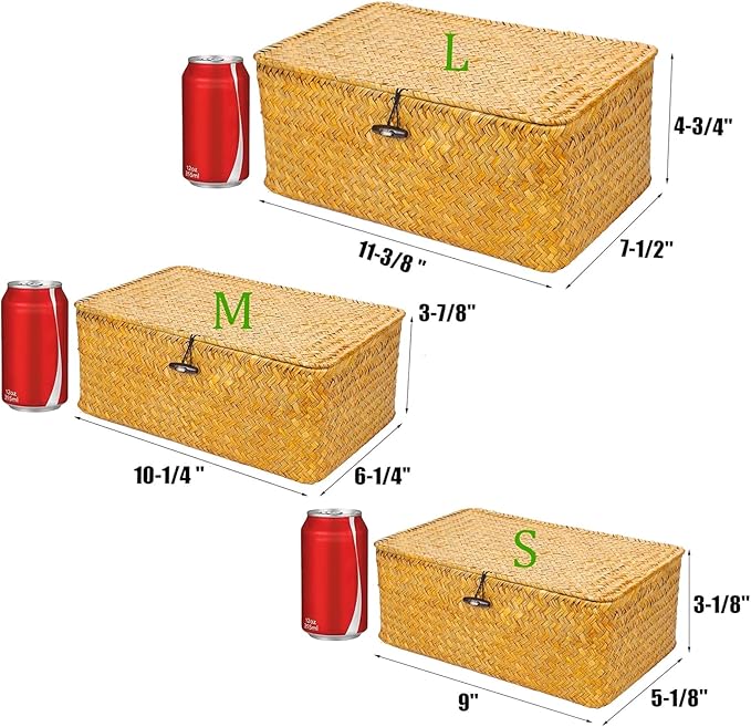 Yesland Shelf Baskets with Lid Set of 3, Handwoven Seagrass Storage Bins Box Rectangular Seagrass Basket Storage Organizer Wicker Basket for Shelf