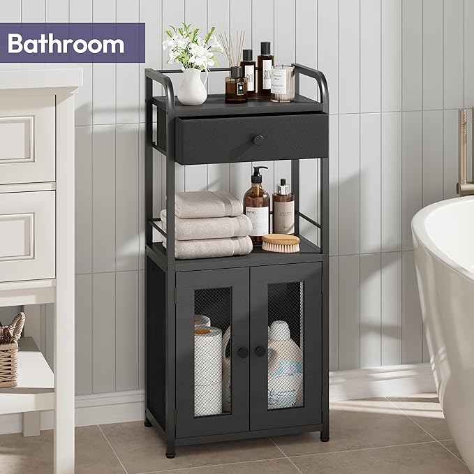 SWTYMIKI 14.57"x32.28" Bathroom Storage Cabinet – Freestanding Toilet Paper Storage with Doors & Drawer, Bathroom Organizers and Storage for Small Spaces, Laundry Room, Ideal for Towels, Black