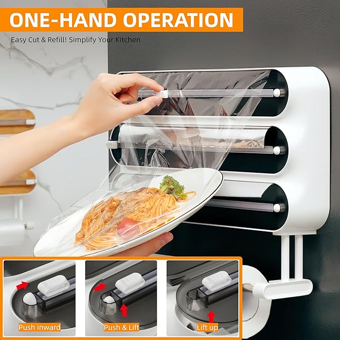 Aluminum Foil & Plastic Wrap Dispenser with Cutter - Magnetic & No-Drill Wall Mount, Cling Film Dispenser with Paper Towel Holder, Space-Saving 4-in-1 Kitchen Organizer - Fits 12" Roll, Black
