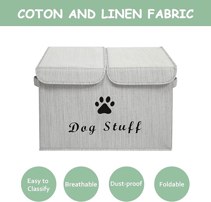Geyecete Large Storage Boxes - Large Linen Fabric Foldable Storage Cubes Bin Box Containers with Lid and Handles for Dog Apparel & Accessories, Dog Toys(BambooGray)