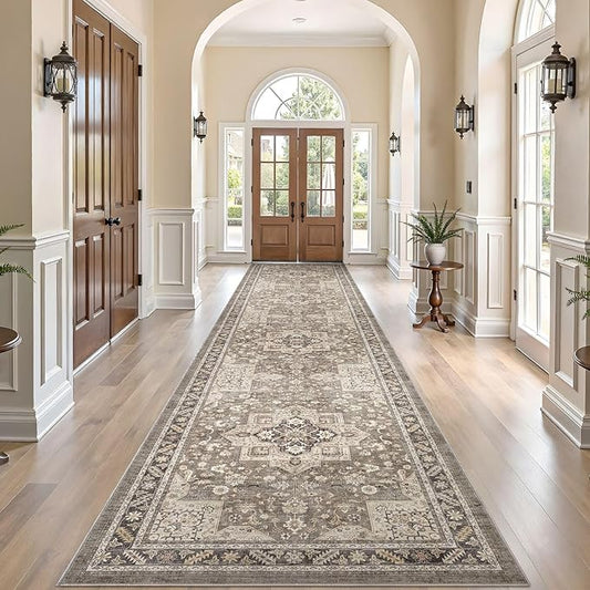 Vintage Hallway Runner Rug 3x12: Large Soft Washable Entryway for Kitchen Laundry Room Non-Slip Backing Runner for Entrance Living Room Bedroom Bathroom - Brown