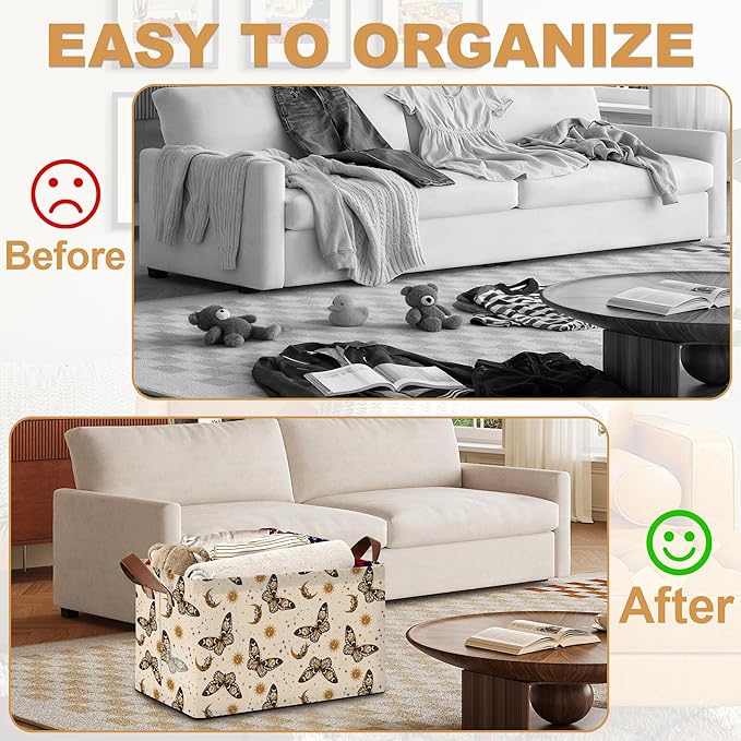 32L Large Storage Bins with Handles, Basket Organizer for Shelves, Closet, Books, Laundry & Home Decor (Boho Buttefly)