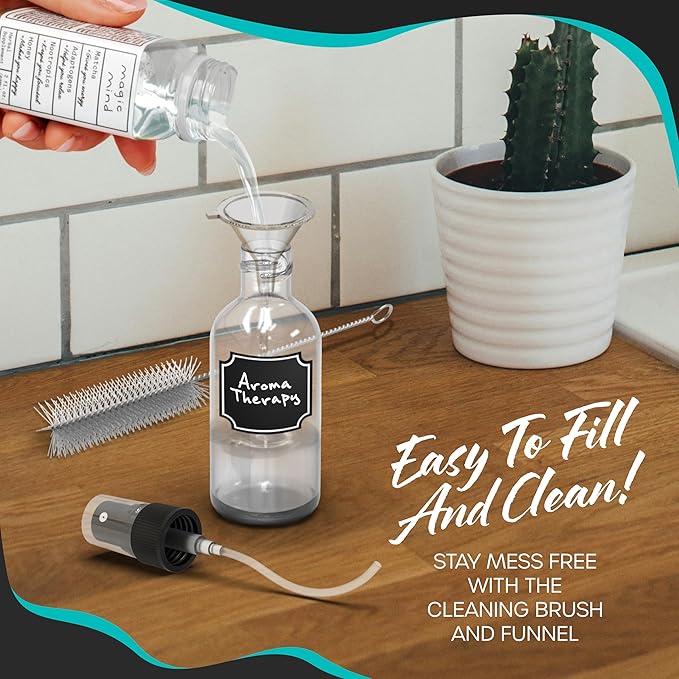 2 Oz Dropper & Spray Clear Glass Bottles w/Funnels, Cleaning Brushes, Label Stickers & Markers Bundle