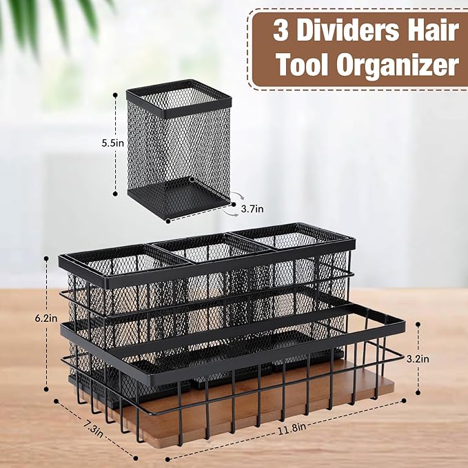 1 Pcs 1pcs Hair Tool Organizer Countertop Breathable Metal Bamboo Hot Tools Vanity Organizer Under Sink Bathroom Hair Dryer Holder Countertop Brush Comb Holder Tray (Koa Wood,Black)