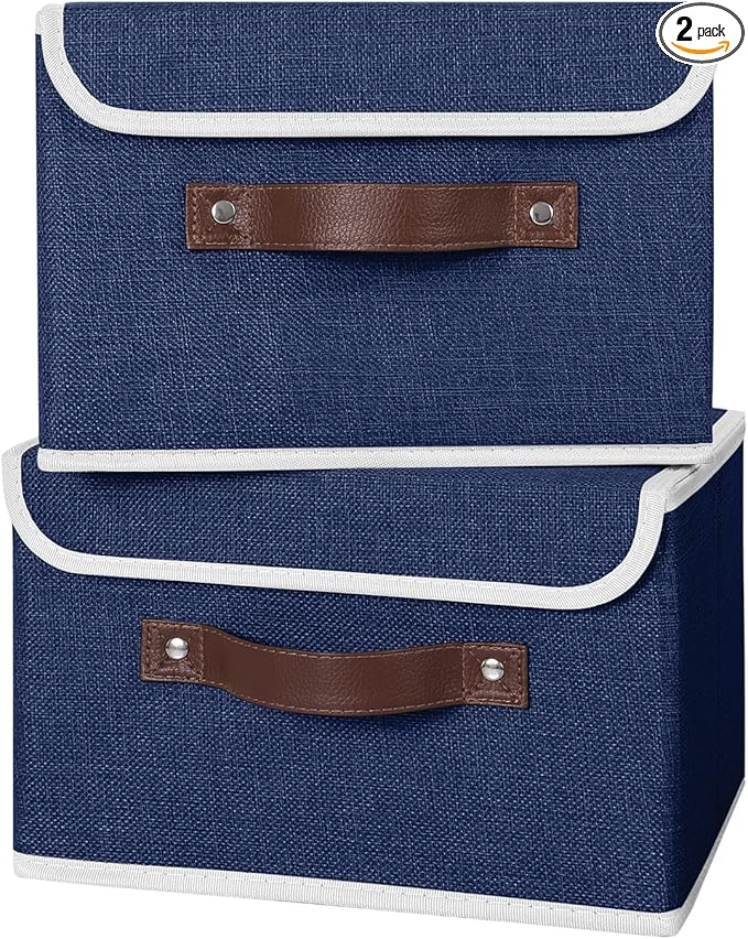 ANMINY 2PCS Storage Bins with Lid PU Leather Handles Storage Boxes PP Plastic Board Decorative Foldable Lidded Cotton Linen Fabric Home Cubes Baskets Closet Organizer Containers - Blue, Small Size