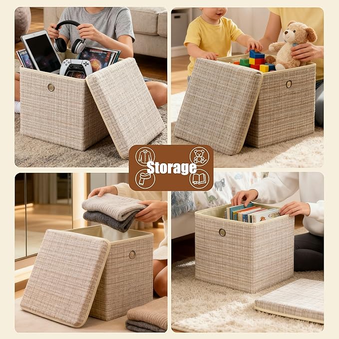modscape 4-Pack 12"x12" Fabric Cube Storage Bin with Lid, Foldable Collapsible Fabric Storage Bins for Clothes Toys, Sturdy Storage Cube for Bedroom Closet Shelves Home Organization (Shining Beige 4)
