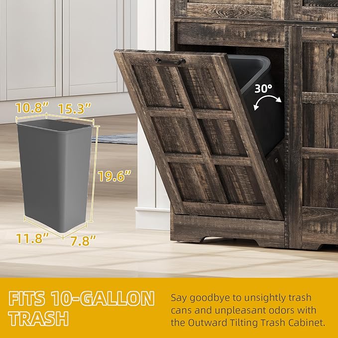 DWVO Kitchen Pantry Storage Cabinet with Tilt-Out Trash Can Fit 10 Gallon, Tall Farmhouse Kitchen Hutch Cabinets with Charging Station & Microwave Stand for Home Living Dining Room, Dark Rustic Oak