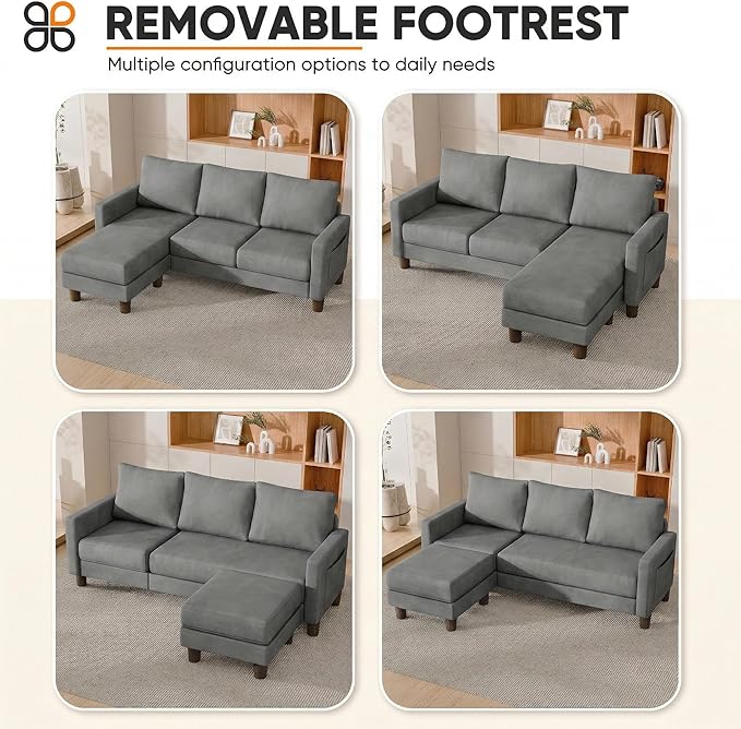 JUMMICO L Shape Sectional Sofa Couch, 3 Seat Convertible Sofa with Movable Ottoman and Side Storage Pockage, Modern Sofa Small Couches for Living Room & Apartment and Small Space (Linen, Grey)