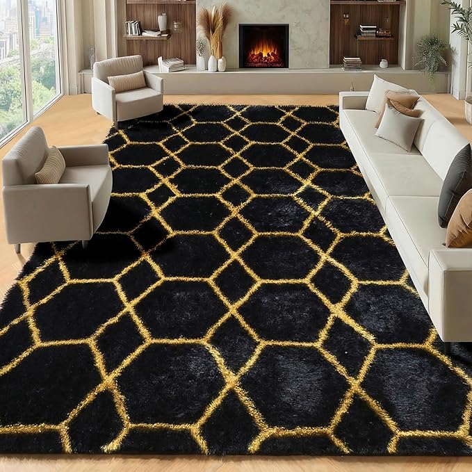 ONASAR 8x10 Area Rugs for Living Room, Fluffy Black and Gold Bedroom Rug, Geometric Boho Large Soft Plush Shaggy Fuzzy Floor Carpet for Nursery Kids Classroom Playroom Dorm Home Decor