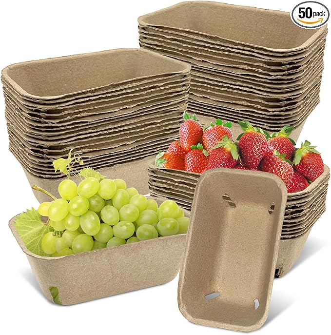50 Pcs Natural Pulp Fiber Berry Basket, Molded Berry Basket Produce Vented Container for Strawberry Blueberry Raspberry and Vegetable Small Farmer Market Grocery Stores, Backyard Party 7.3x4.3x2.8inch