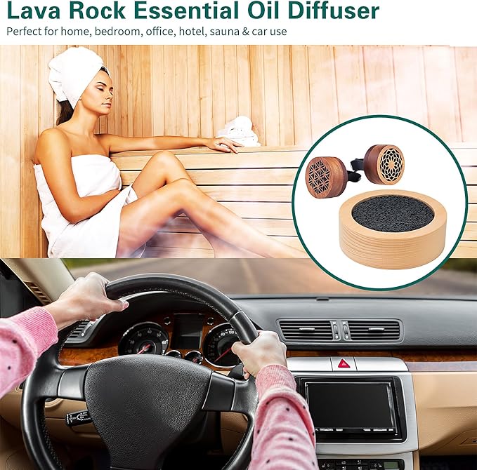 3 Pcs Lava Rock Essential Oil Diffusers -1 Lava Stone Passive Diffuser with Wood Bottom and 2 Wooden Car Diffusers, Passive Diffuser for Home, Office, Bedroom, Bathroom, Sauna Room, Car Air Freshener