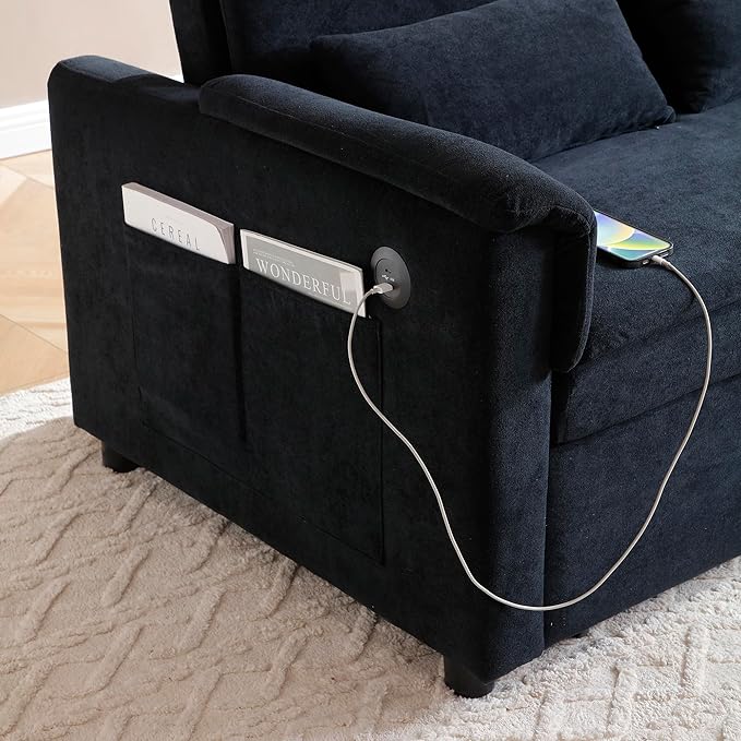 Sofa Bed, Pull Out Couch with Side Pockets, 3 in 1 Velvet Loveseat Sleeper Sofas Beds with USB Ports, Sofa Bed Couch with Adjustable Backrest for Living Room, Bedroom, Apartment, Black Blue