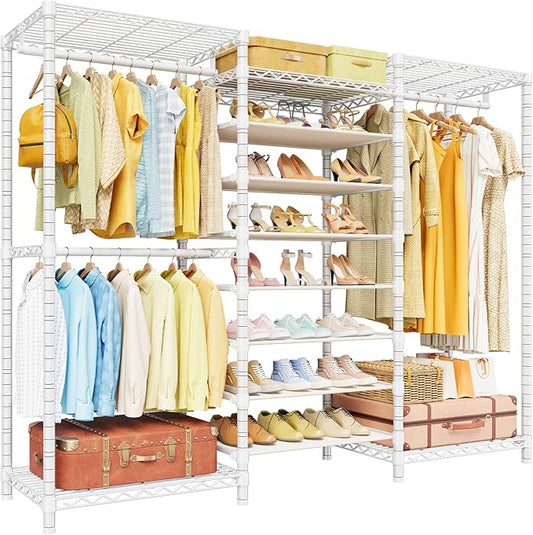 E16 Heavy Duty Clothing Rack（With 7-Tier Adjustable Shoe Rack） Freestanding Clothes Rack for Hanging Clothes，Metal Closet Storage Organizer Large Wardrobe，69'' W x 15.8'' D x 76.2'' H，White