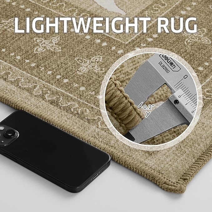 NICETOWN 5x8 Area Rug, Natural Throw Rug for Living Room, 5'x 8' Washable Thin Carpet for Bedroom, Non-Slip Stain Resistant Foldable Large Carpet Pet & Kids Friendly for Dining Room