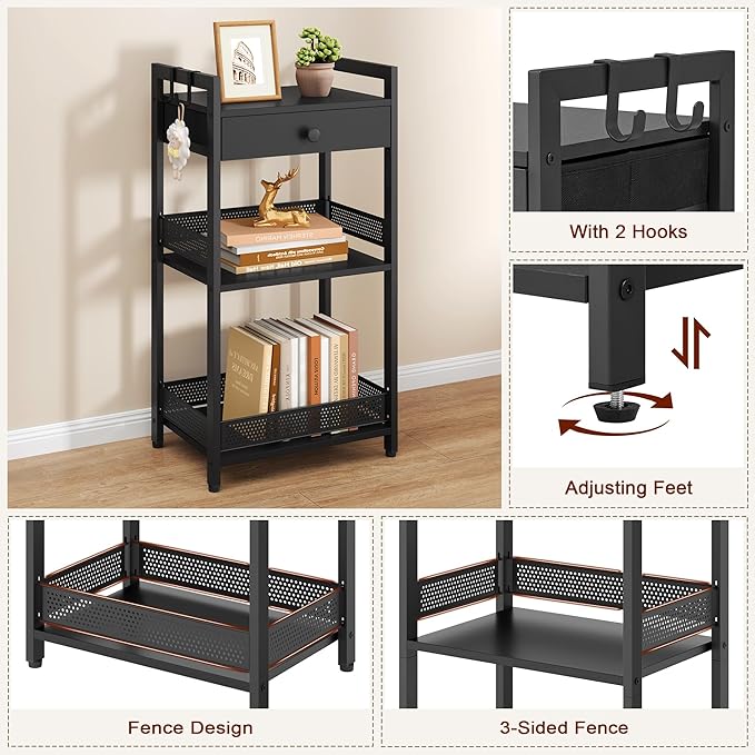 FAVOOSTY Bathroom Ladder Shelf, 3-Tier Bathroom Floor Storage Shelf with Drawer, Freestanding Towel Shelf, Bookcase End Table Open Shelving Unit for Living Room,Balcony, Black
