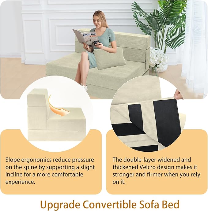Sofa Bed Foldable Mattress ，Folding Sleeper Sofa Chair Bed Floor Mattress with Pillow for Living Room Home Office (Off White- Corduroy, Twin XL)