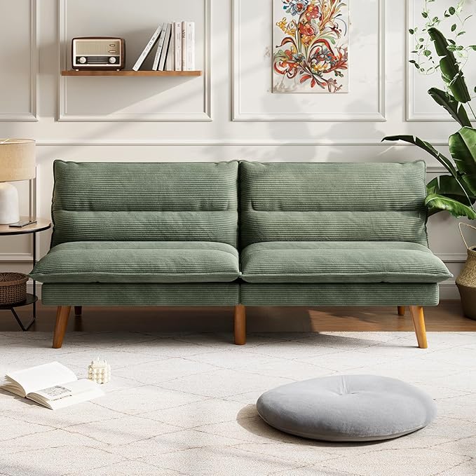 LINSY HOME Futon Sofa Bed - Convertible Corduroy Futon Couch Bed with Adjustable Backrest, Modern Small Loveseat Sleeper Sofa for Small Spaces, Living Room, Apartment or Office (Green)