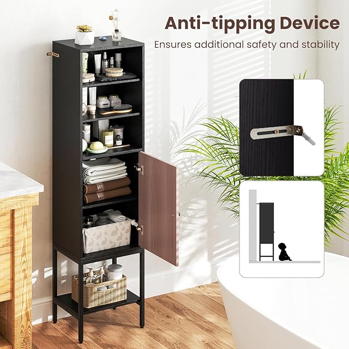 Giantex 57” Tall Bathroom Storage Cabinet, Floor Cabinet with Door, Adjustable Shelves & Foot Pads, Metal Legs, Anti-Tipping Kit, Slim Bathroom Storage Unit for Living Room, Kitchen (Black)