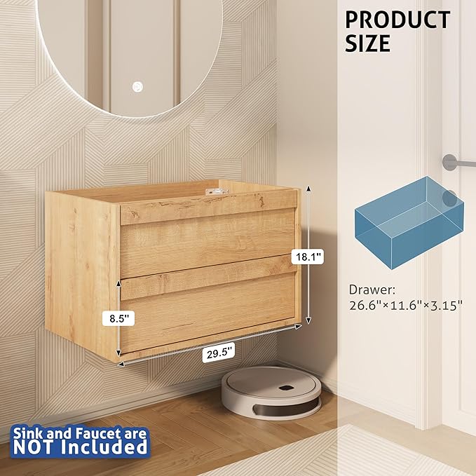 eclife 30" Floating Bathroom Vanity Sink Combo, Wall Mounted Modern Minimalist Storage Cabinet with 2 Drawers, Exclude Sink, Faucet & Drain, Natrual