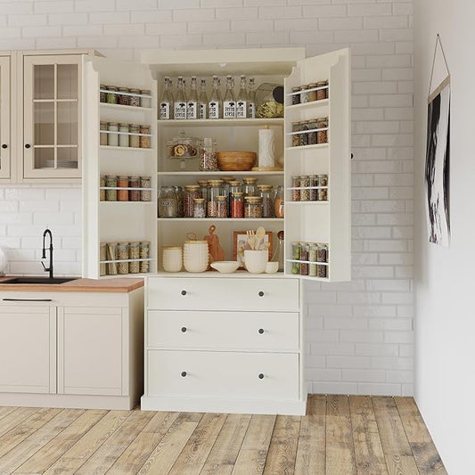 Merax 77" Tall Kitchen Storage Cabinet Pantry Freestanding Large Cupboard with 3 Drawers,3 Adjustable Shelves,8 Door-Shelf for Dining Room,Cream
