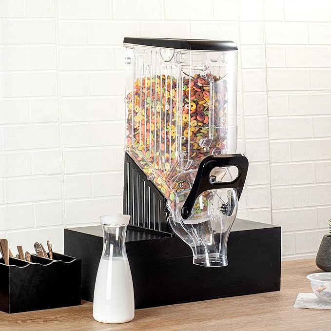 Restaurantware Cereal Dispenser 3.5 gal Plastic Gravity Bin Candy Dispenser Self-Serve Black Dry Food with Stand for Breakfast Buffet or Hotel Use