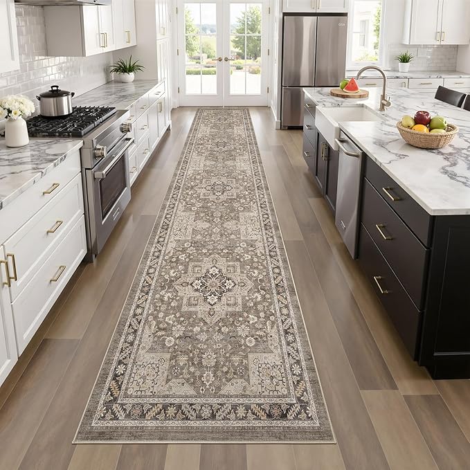 Vintage Hallway Runner Rug 2x8: Large Soft Washable Entryway for Kitchen Laundry Room Non-Slip Backing Runner for Entrance Living Room Bedroom Bathroom - Brown