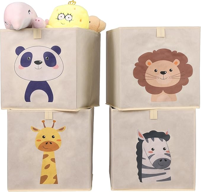 Navaris Toy Storage Boxes - Kids Bedroom Cube Baskets w/ Pull-Out Loop - Fabric Collapsible Box Drawers Unit for Shelves - Compatible with Ikea Kallax Inserts - Set of 4 Animals