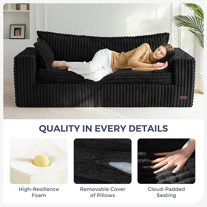 MAXYOYO 76" Bean Bag Sofa Couch, Loveseat Boneless Couch in a Box, Upholstered Small Mini Sofa for Living Room Bedroom Office Apartment, No Assembly, Black