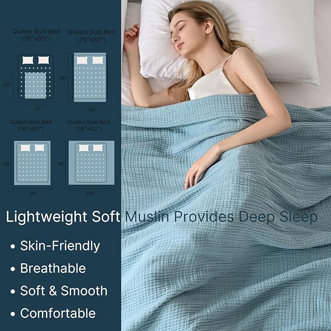 Muslin Blanket 100% Cotton Blanket Throw 108”x90”, Lightweight Breathable Summer Blanket Throw. Supersoft 4-Layer Gauze Throw Blanket for Sofa, Couch, Bed, All-Season Use, Sky Blue