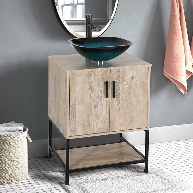 eclife 24" Bathroom Vanity Sink Combo Modern Metal Stand Cabinet W/Bottom Shelf Turquoise Square Vessel Sink & Water Save Faucet & Pop Up Drain, Oak (A10)