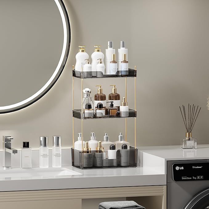 3 Tier Bathroom Organizer Countertop Makeup Perfume Tray Skincare Organizer for Bathroom Dresser Vanity (Grey)