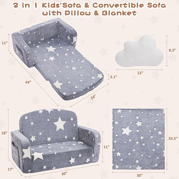 Extra Wide Kids Couch, 2-in-1 Soft Couch with Blanket, Glow in The Dark, Comfy Chair with Cloud Pillow, Convertible Sofa, Star