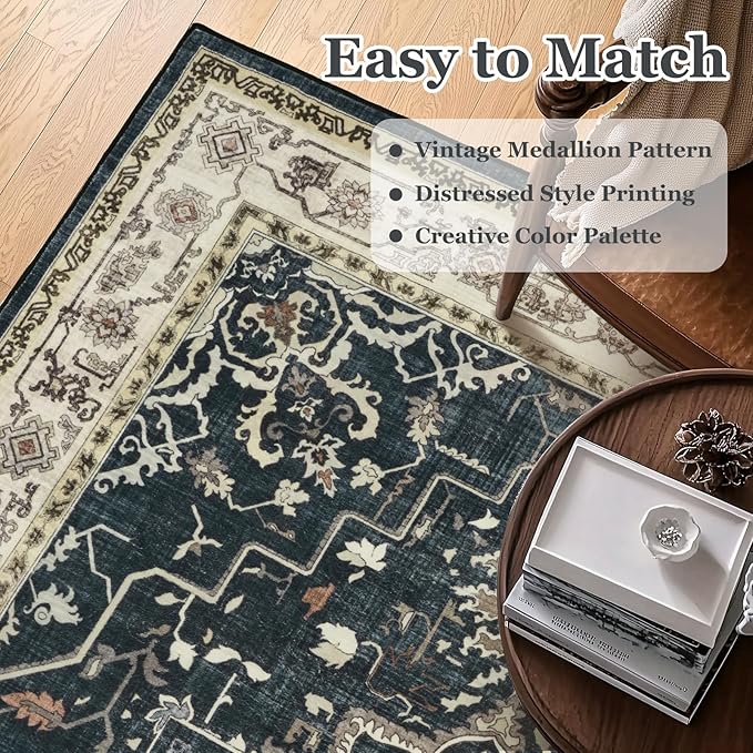Distressed Farmhouse Area Rugs 6x9 for Living Room, Low Pile Thin Rugs for Bedroom Manchine Washable Non Slip, Dark Medallion Pinted Carpet for Dining Room Guest Room Home Office, Midnight