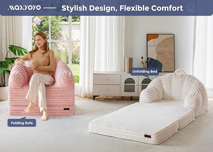MAXYOYO Folding Sofa Bed, 2 in 1 Convertible Sofa to Lounger Comfy Faux Fur Bean Bag Chair for Adults, Floor Single Sleeper Couch Chair with Handle, Couch Bed for Living Room Bedroom, Pink