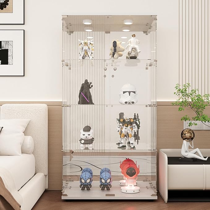 LFT HUIMEI2Y Glass Display Cabinet 4-Shelf with LED Light, Mirror and Lock, 2 Door Curio Cabinets, Tempered Glass Collection Display Showcase for Bedroom, Living Room 65”x 17”x 14” White