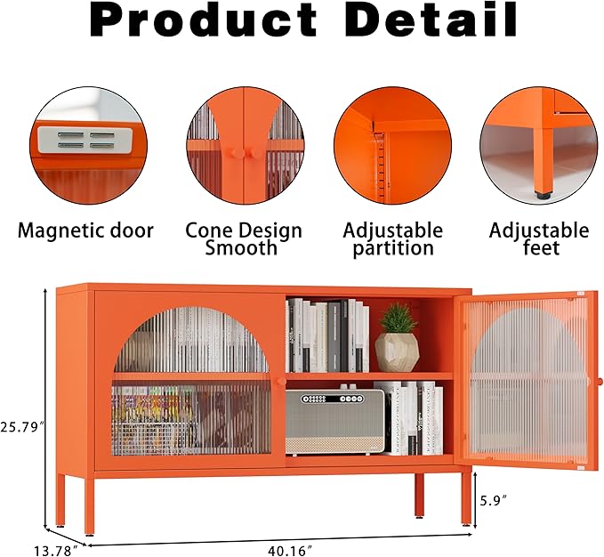 Metal Locker TV Stand, Modern Accent CD Storage Cabinet with 2 Acrylic Doors, Short Display Cabinet with Adjustable Shelf, TV Cabinets for Home,Office,Entryway,Dining/Living Room,Bedroom,Orange