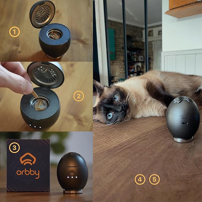 Orbby Scent Diffuser Starter Kit | Small Portable Desk Diffuser for Office: Electric Incense Burner, Rechargeable Cordless Pet Safe, Odor Eliminator – Flameless (Gold, Includes Pellets)