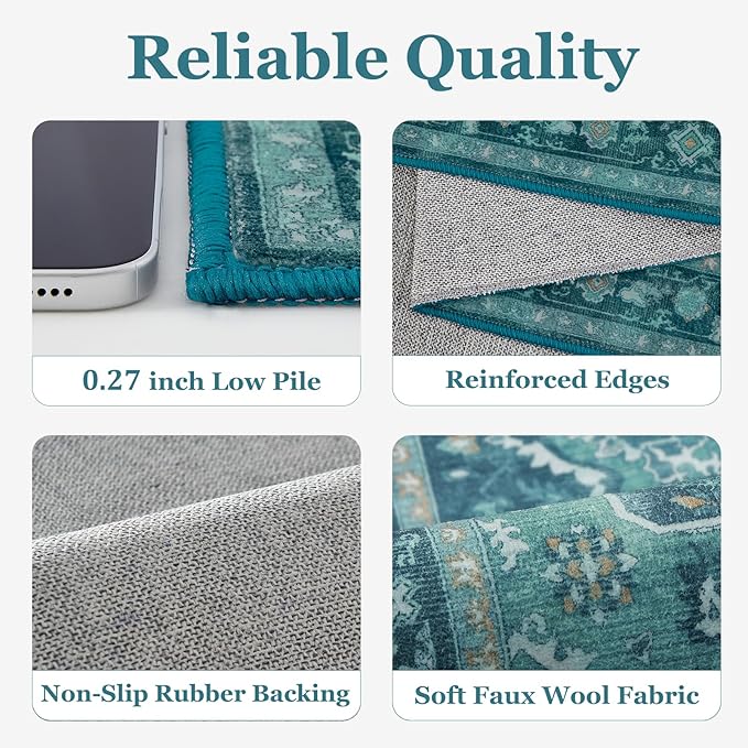 Teal 2x3 Washable Kitchen Rugs Non Slip, Boho Ultra Thin Door Mats Indoor Entrance, Vintage Medallion Classic Entryway Rug, Low Pile Small Rug for Inside Entry/Foyer/Bathroom/Bedside
