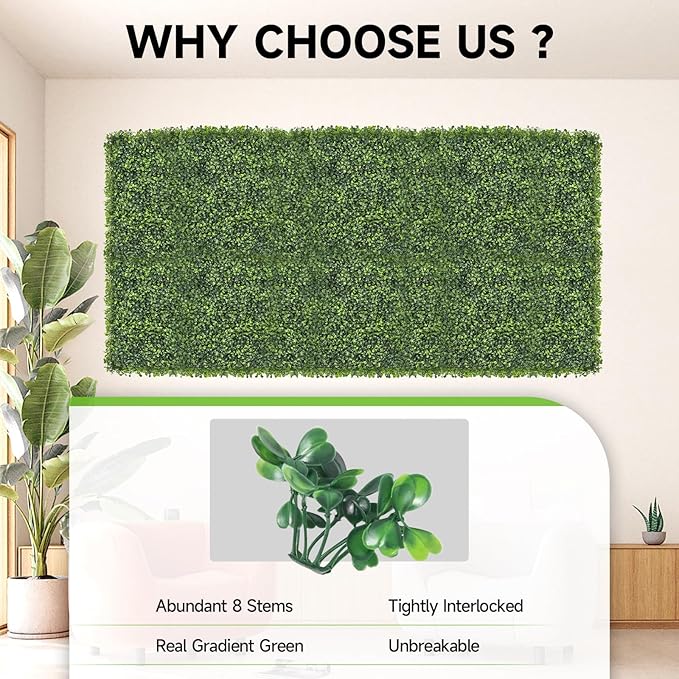 Artificial Grass Wall Panels, 12 PCS 20x20 inch Boxwood Hedge Wall Panels with 100 Zip Ties, Boxwood Panels Backdrop for Outdoor Indoor Decorative Garden Fences Backyard Patio Privacy Hedge