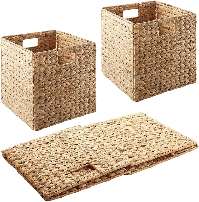 10.5x10.5in Storage Baskets,1 Pack Water Hyacinth Baskets,Foldable Handwoven Storage Cubes,Wicker Cube Baskets Laundry Organizer Totes for Bathroom, Bedroom, Laundry, Pantry, Shelves