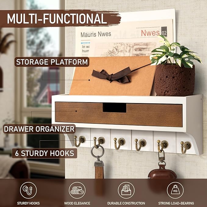 Rebee Vision Farmhouse Pine Wood Key Holder Wall Mount with Drawer Organizer – Decorative Mail Organizer with 6 Key Hooks & Wall Shelf – Home Organization and Room Decor (White & Retro Brown)