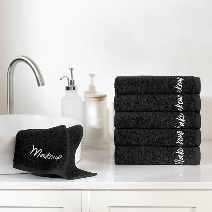 Arkwright Makeup Remover Fingertip Towels, Pack of 6, 100% Cotton Soft Quick Dry Guestroom Bath Face Towels for Makeup Removal and Facial Cleansing, 11 x 17 in, Black