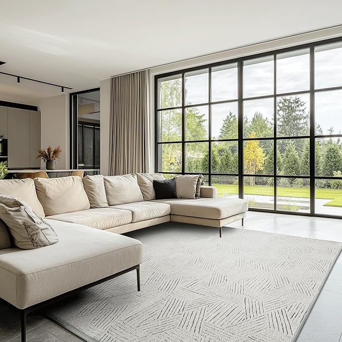NICETOWN 8x10 White Area Rug for Bedroom, Jacquard Large Thin Washable Rug for Living Room Non-Slip Door Mat, Ultra Soft for Bedroom Living Room Kitchen Home Office, White and Grey