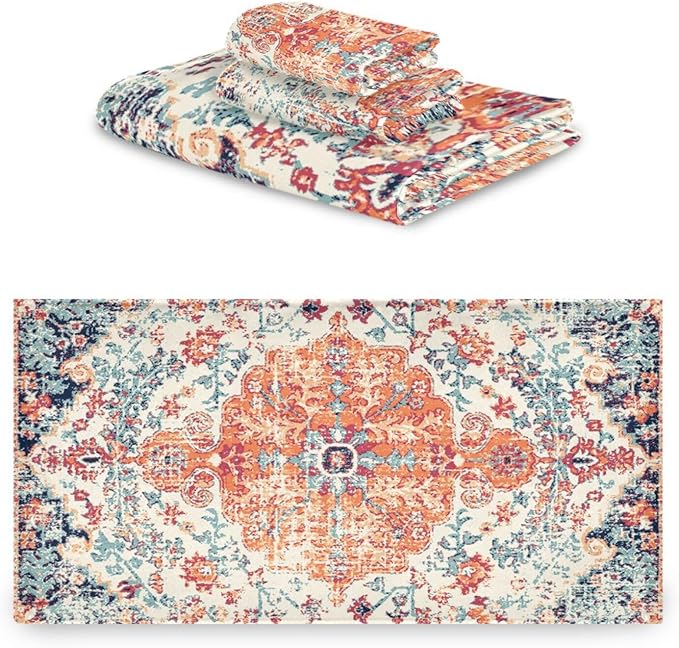 3 Piece Vintage Boho Bath Towel Set,Microfiber Decorative Rustic Orange Southwest Ethnic Bohemian Print Farm Bathroom Towels,1 Bath Towel 1 Hand Towel for Bathroom Kitchen,1 Washcloth for Face
