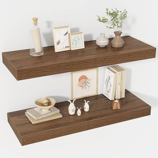 30 Inch Floating Shelves, 12" Deep Floating Shelf Wall Mounted, 30" Wall Shelves, Rustic Deep Bookshelf, Extra Deeper & Thicker Display Shelves for Bedroom, Living Room, Walnut, Set of 2